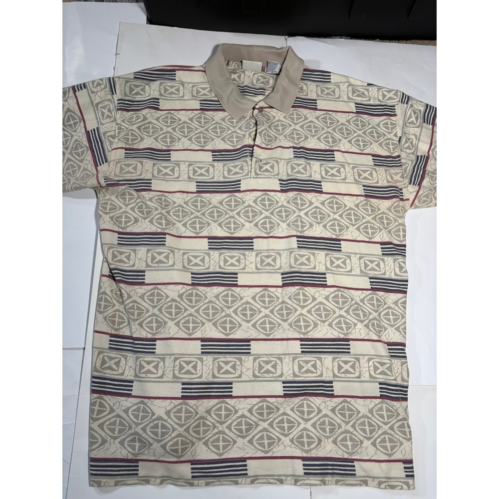 Bugle Boy Company Polo Shirt Mens XL Beige Geometric All Over Print Vintage